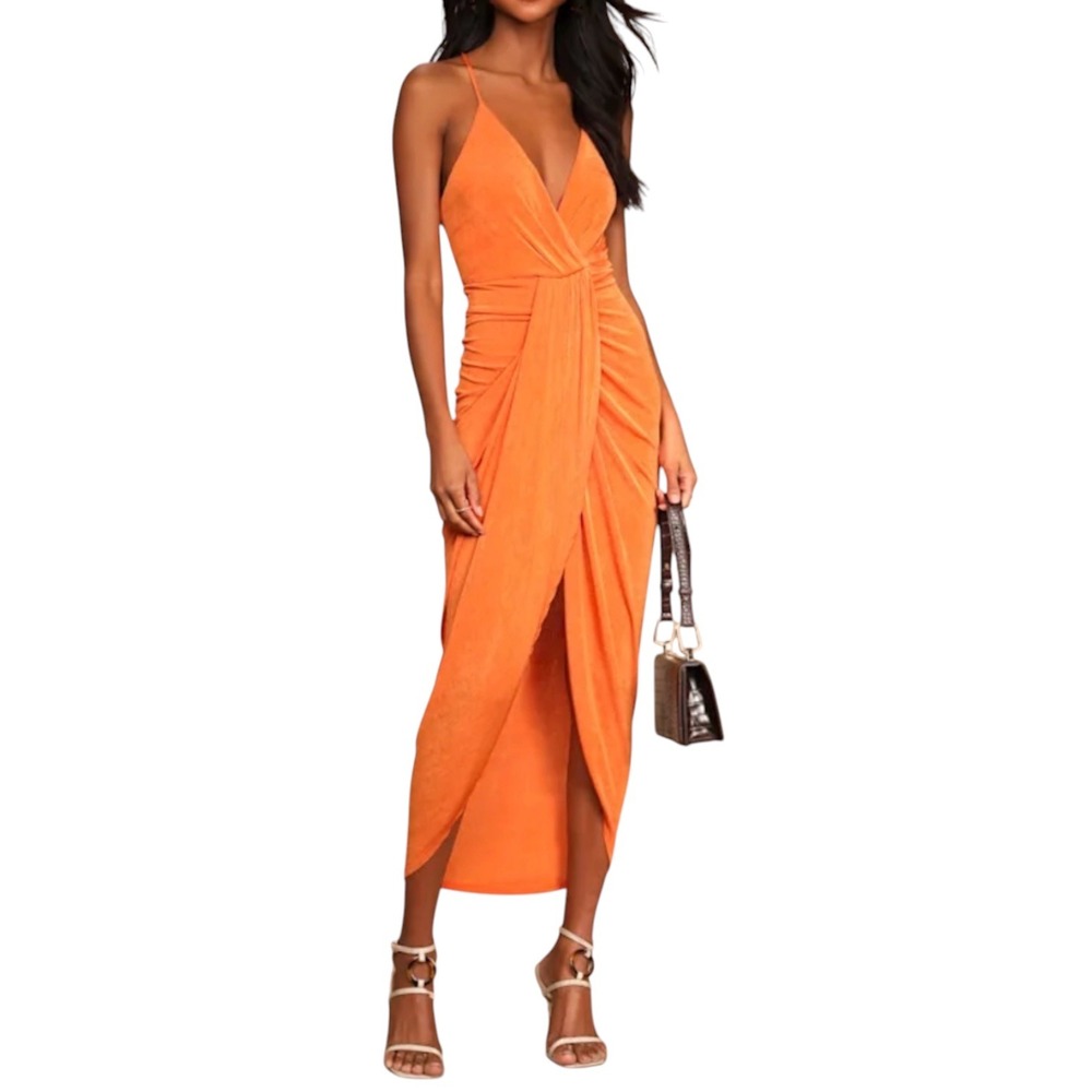 Lulus Dreamy Date Orange Surplice Midi Dress M Ruched Plunge Wedding Resort - Picture 9 of 15